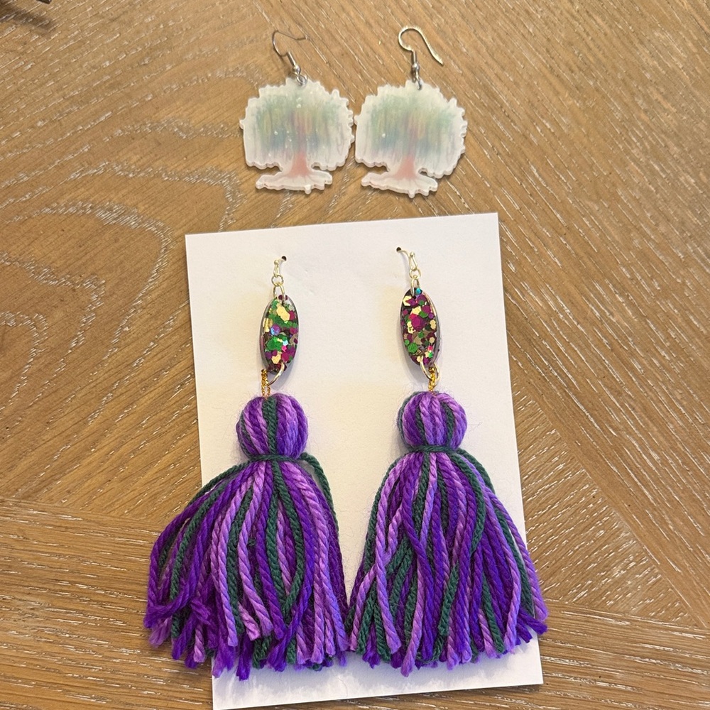 Purple and Green Tassel Earrings with Colorful Accents